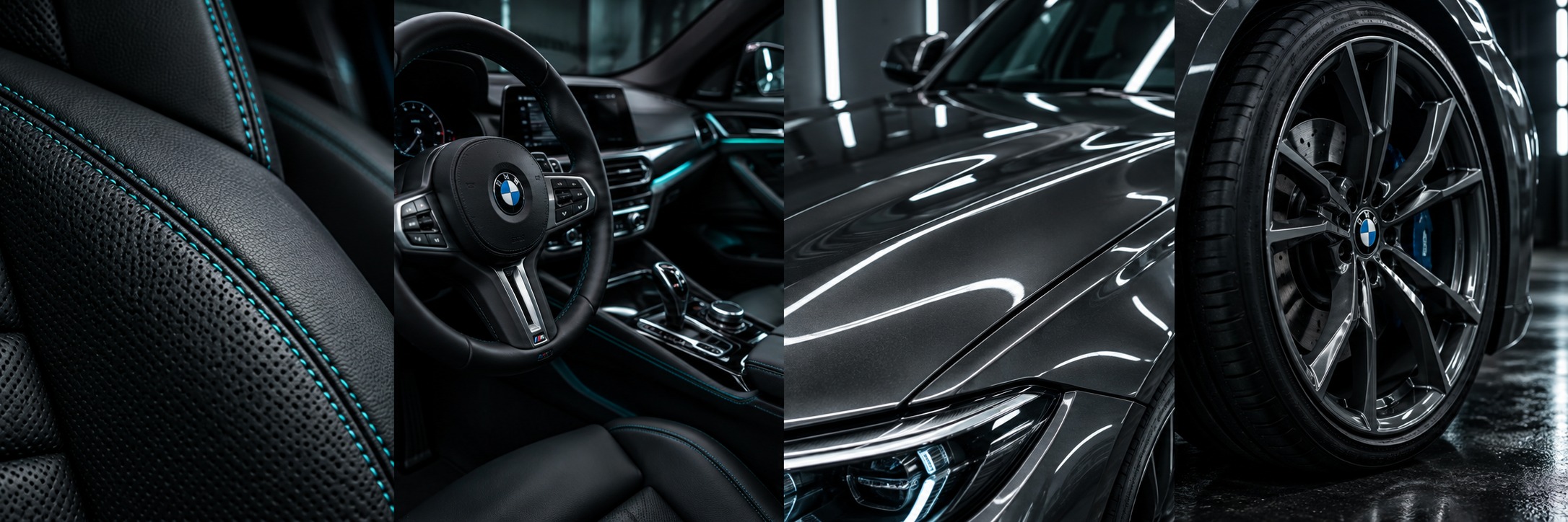 Illustrative close-ups of leather seating, a steering wheel, polished bodywork and an alloy wheel